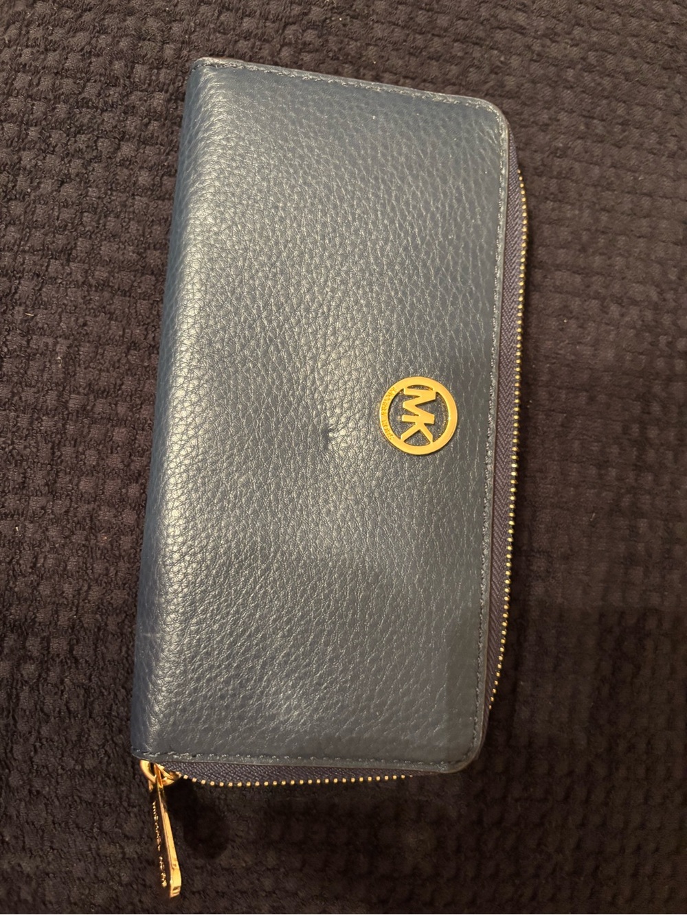 Michael Kors Navy Pebbled Leather Zip Wallet with Gold MK Emblem